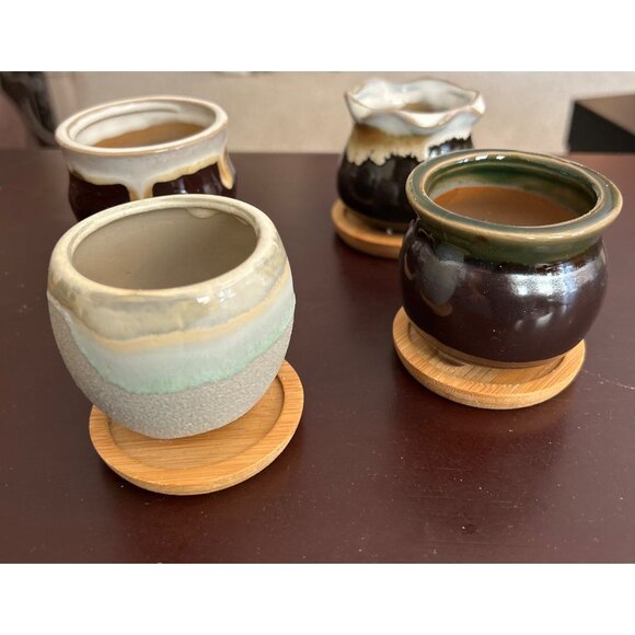 Rustic Ceramic Candle Holders Set Of 4 Bamboo Coasters - Unique Glaze Designs Sm - Picture 1 of 7